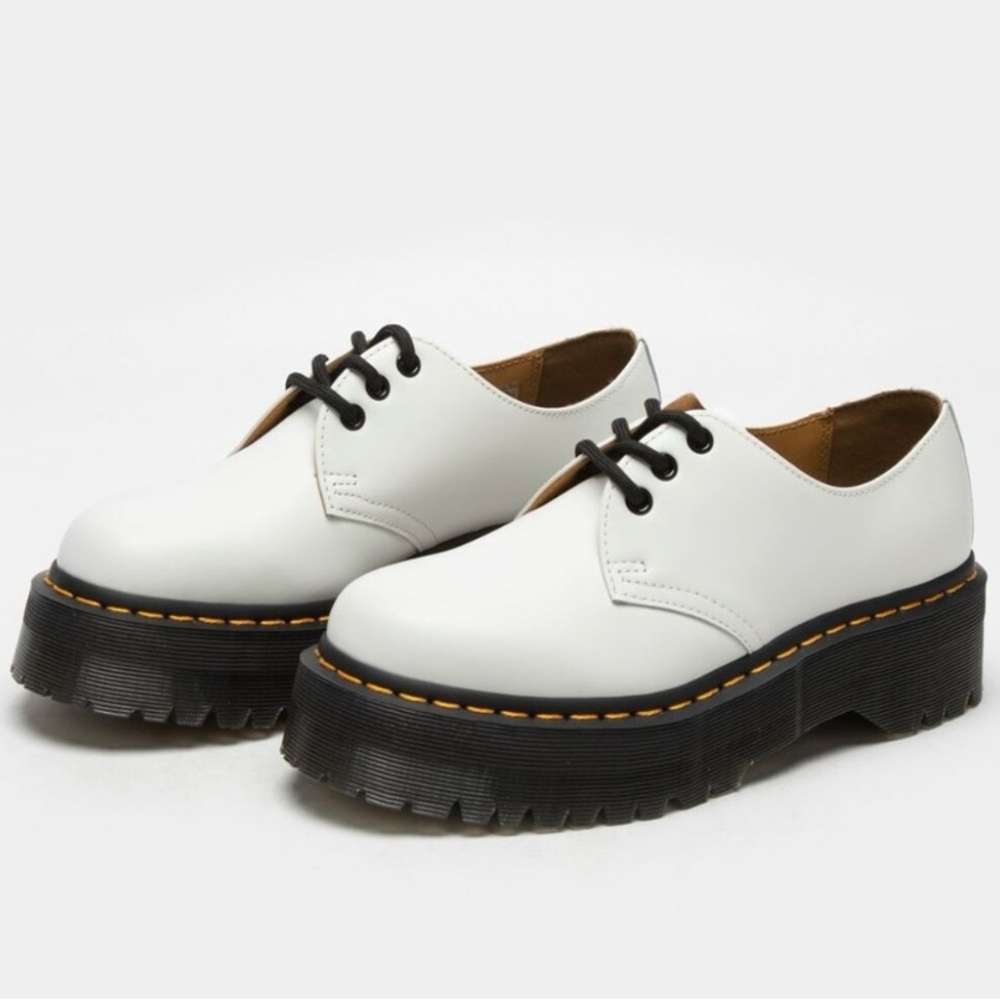 Dr. Martens White Platform Shoes with Black Soles